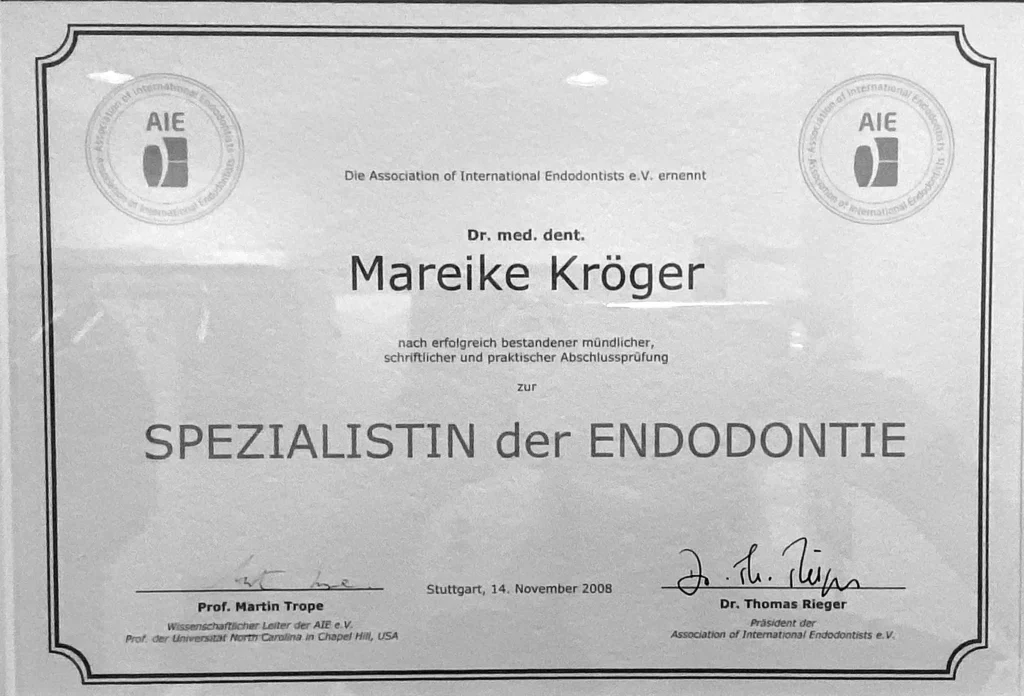 Urkunde für Spezialistin der Endodontie von Dr. Mareike Kröger für professionelle Wurzelbehandlung in Straubing.