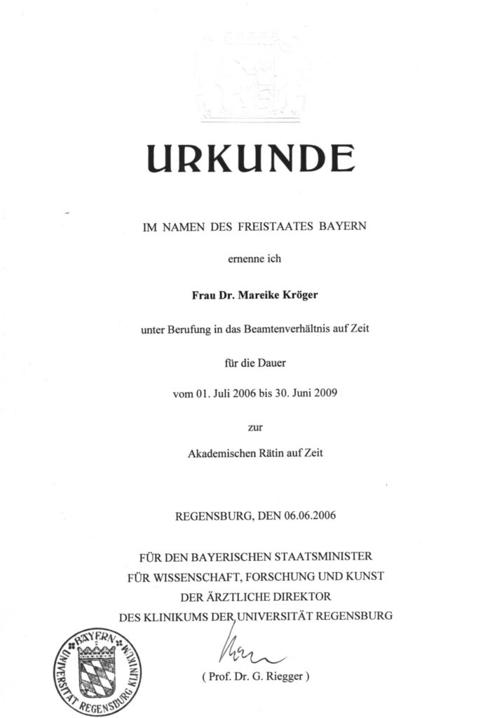 Offizielle Ernennungsurkunde zur Akademischen Rätin an der Universität Regensburg für Dr. Mareike Kröger